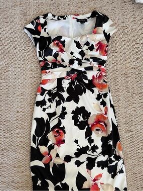 Floral Cap-Sleeve Sheath Dress in Black & White with Red Accents